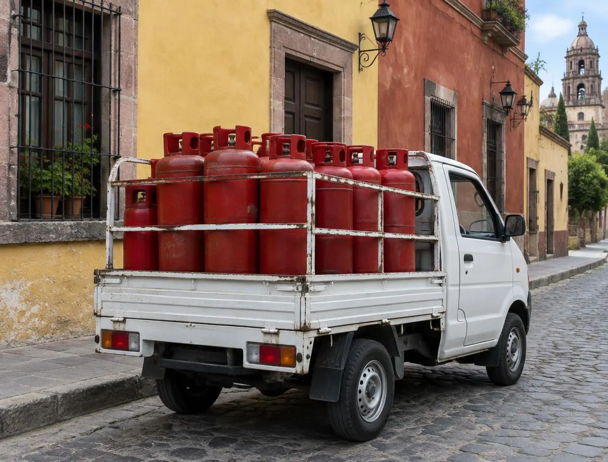 Camioneta de reparto cargada con cilindros de gas en una calle empedrada