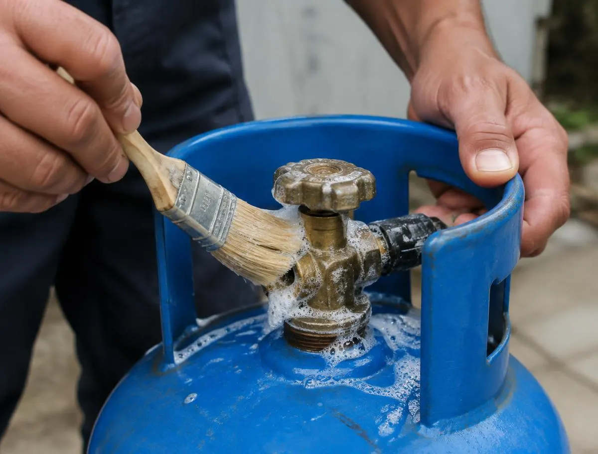Revisión de fugas en la válvula de un cilindro con agua jabonosa